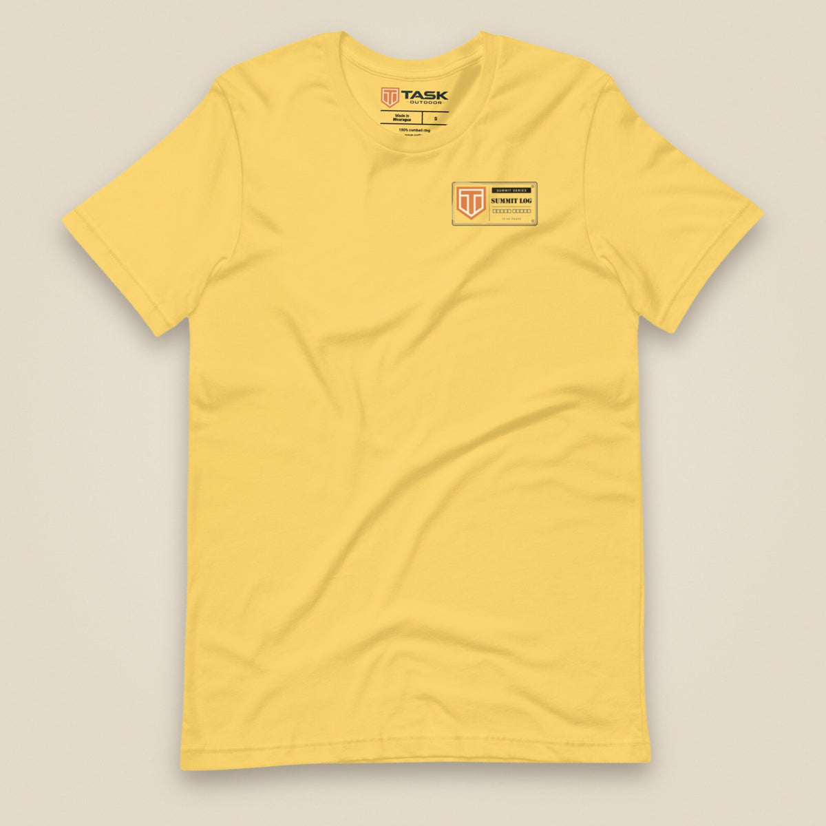 Summit Logbook 10 UK Peaks Premium Double Sided T-Shirt in Yellow, front view