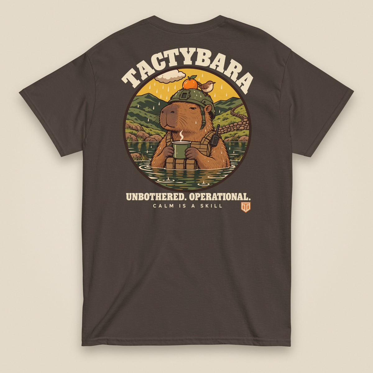 Tactybara Back Print T-Shirt in Dark Chocolate, back view