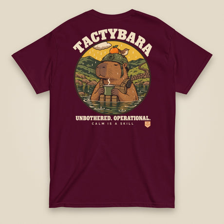 Tactybara Back Print T-Shirt in Maroon, back view