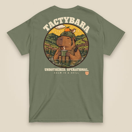 Tactybara Back Print T-Shirt in Military Green, back view