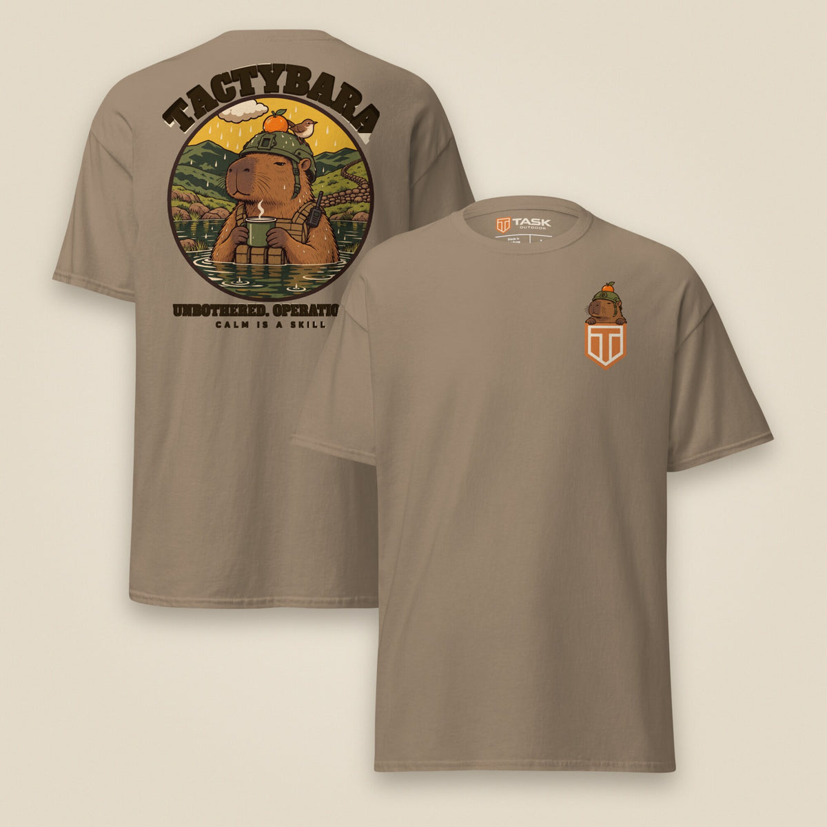 Tactybara Premium Double Sided T-Shirt in Brown Savana, front and back view