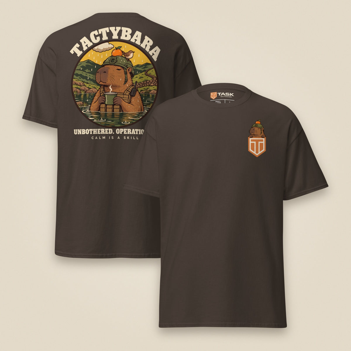 Tactybara Premium Double Sided T-Shirt in Dark Chocolate, front and back view