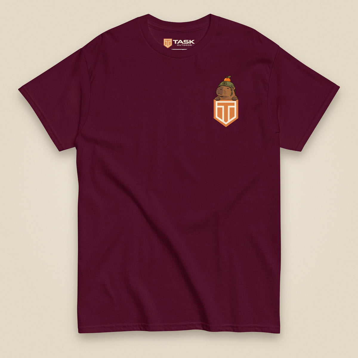 Tactybara Premium Double Sided T-Shirt in Maroon, front view