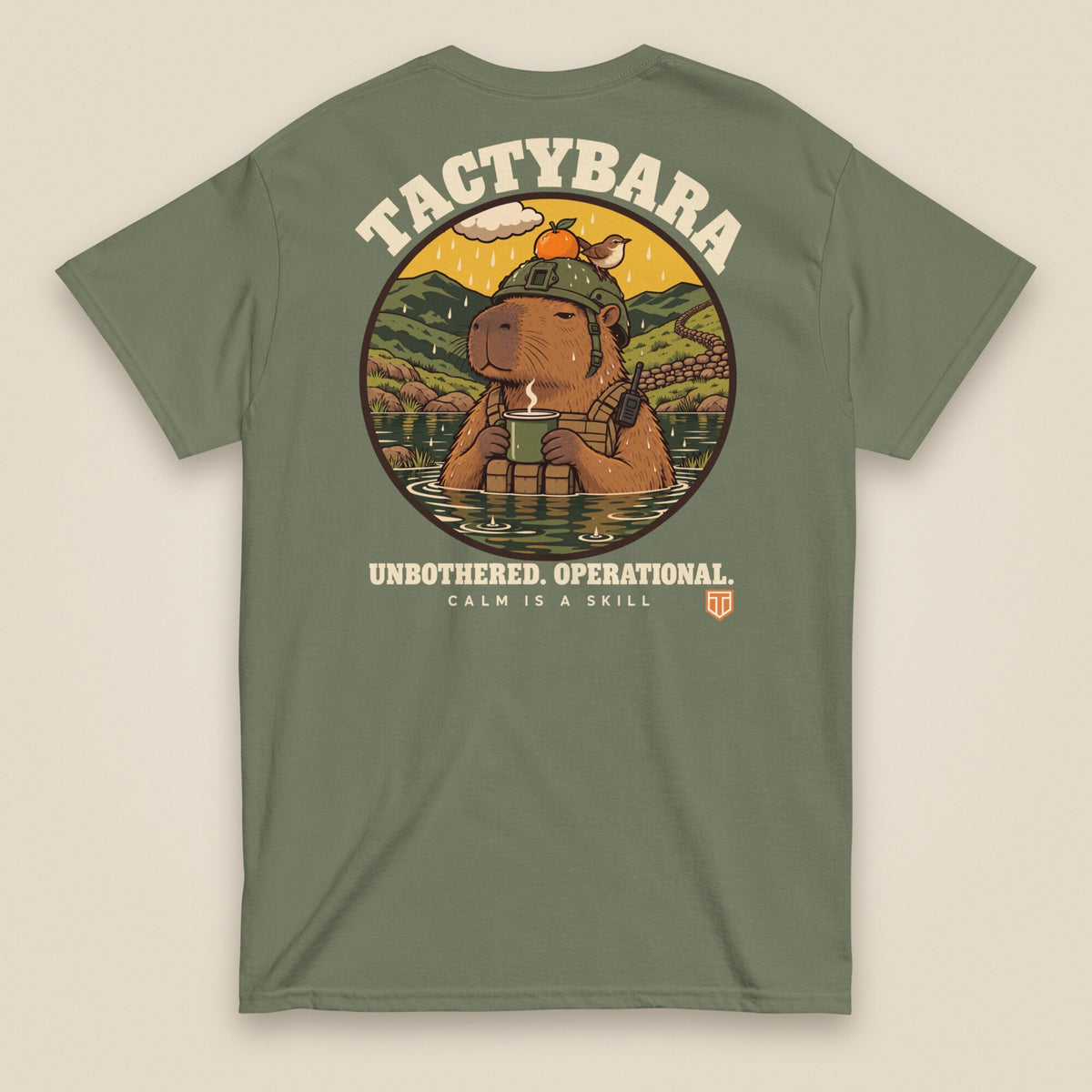 Tactybara Premium Double Sided T-Shirt in Military Green, back view