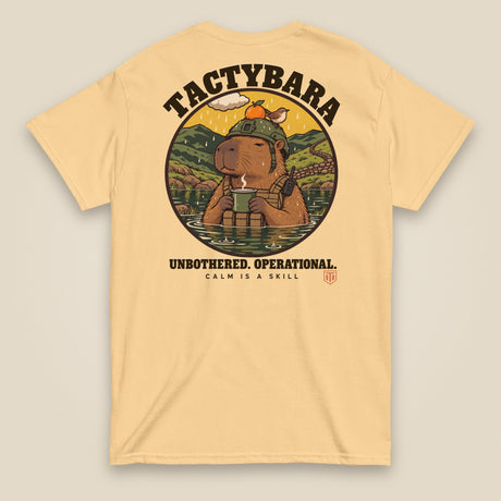 Tactybara Premium Double Sided T-Shirt in Yellow Haze, back view