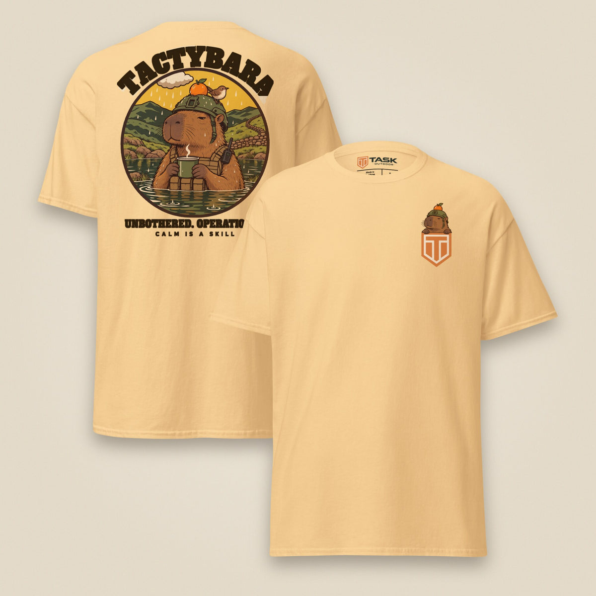 Tactybara Premium Double Sided T-Shirt in Yellow Haze, front and back view