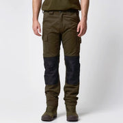 Jack Pyke Technical Work Trousers in Green, front view showing the black reinforced knee panels and the ribbed stretch above them