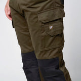 Jack Pyke Technical Work Trousers in green close up of cargo leg pocket with logo