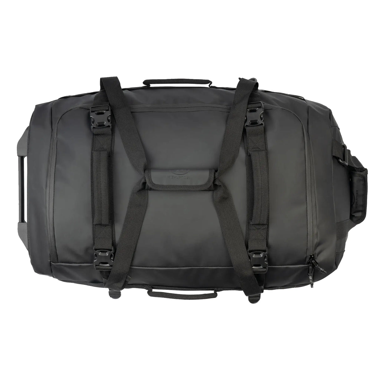 Highlander The Trailer Duffle with Wheels 100L - Black - top view with handles on white background