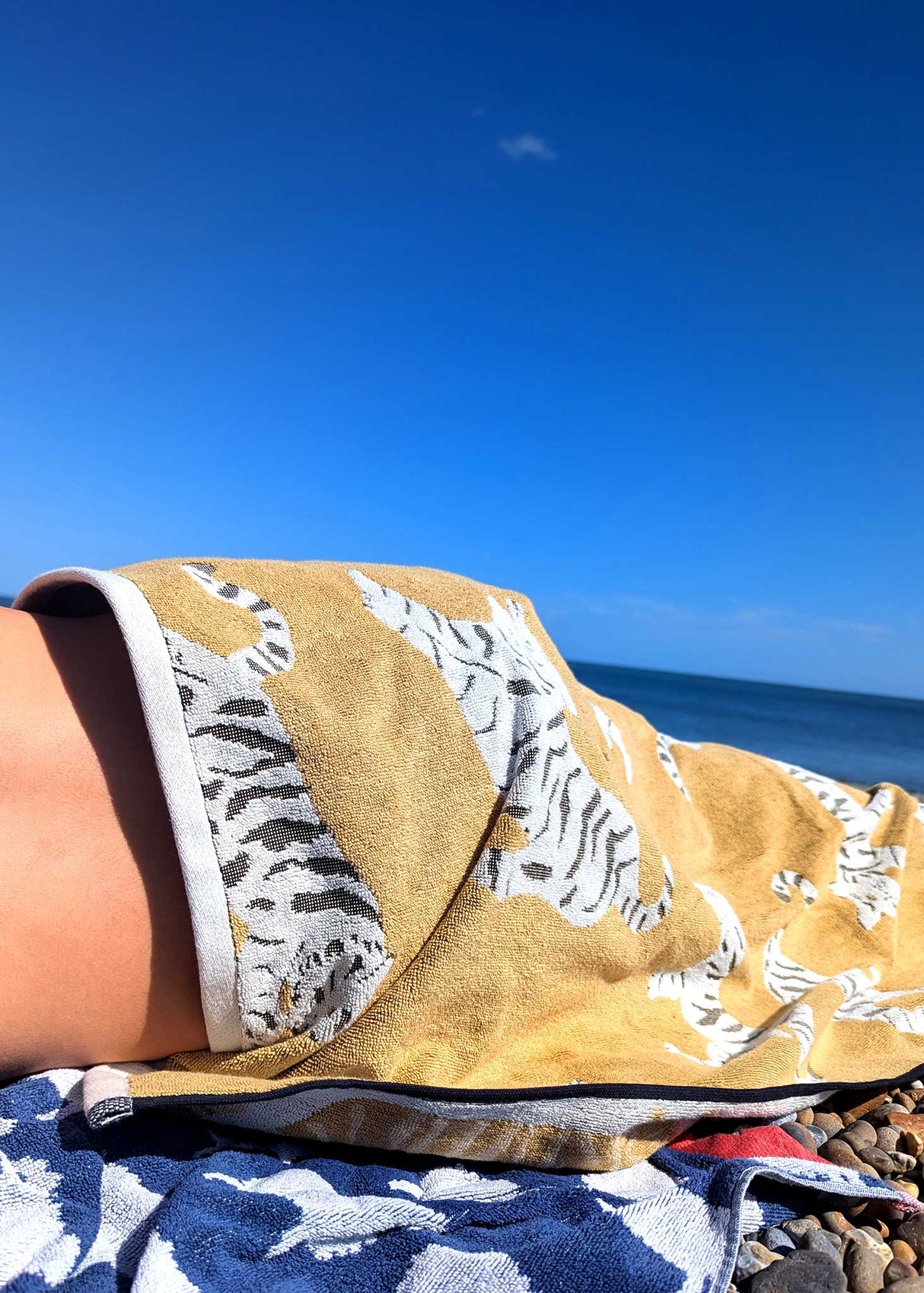 Anorak Tigers Organic Cotton Towel - Ochre and black laid out on the beach