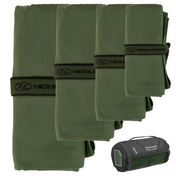 Highlander Microfibre Camping Towel - Olive Green showing all four sizes