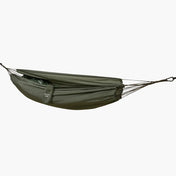 Highlander Trekker Hammock - olive green hammock set up outdoors between trees