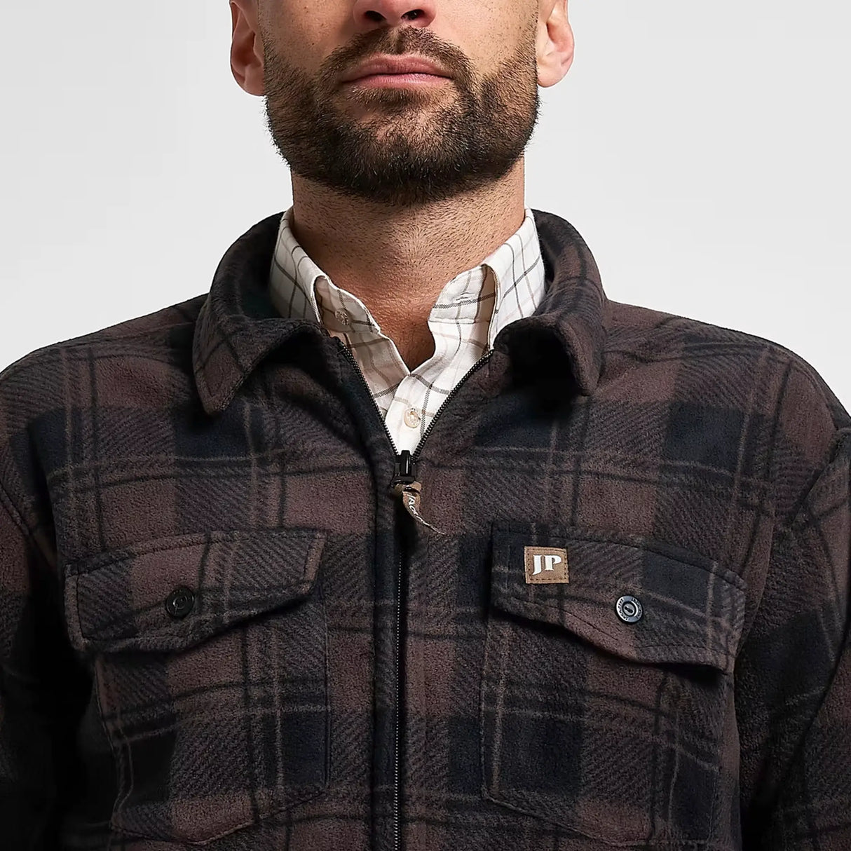 Jack Pyke Tundra Shirt in brown close up of collar and full zip closure