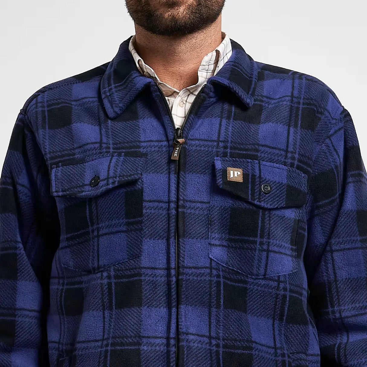 Jack Pyke Tundra Shirt in navy blue close up of collar and full zip