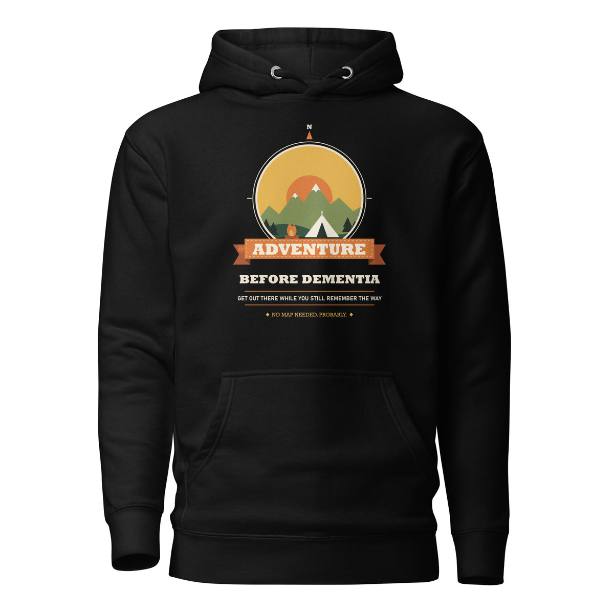 Adventure Before Dementia Camping Hoodie in Black, flat front view with drawstrings and pouch pocket
