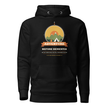 Adventure Before Dementia Camping Hoodie in Black, flat front view with drawstrings and pouch pocket