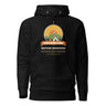 Adventure Before Dementia Camping Hoodie in Black, flat front view with drawstrings and pouch pocket