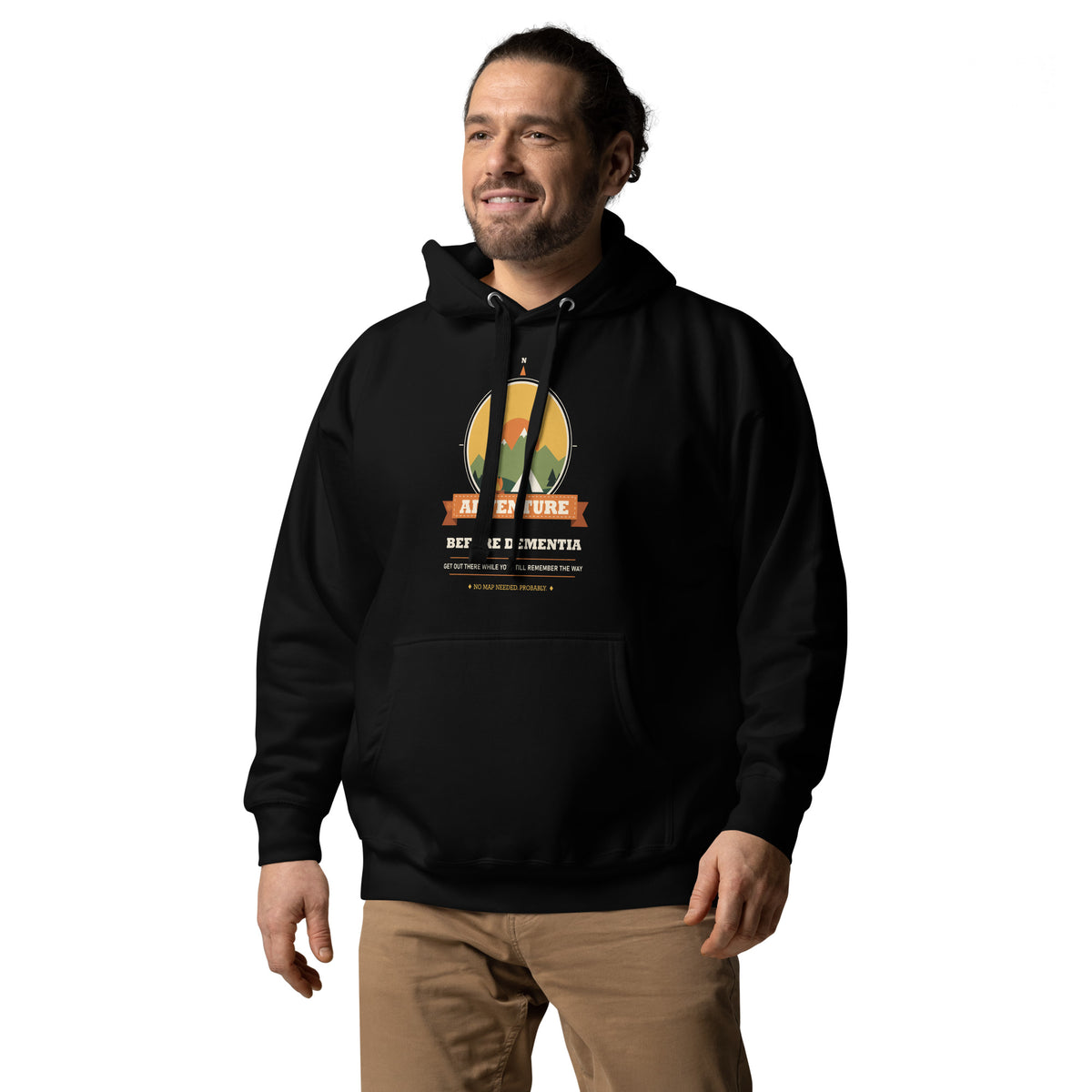 Adventure Before Dementia Camping Hoodie in Black, worn by a model, angled front view