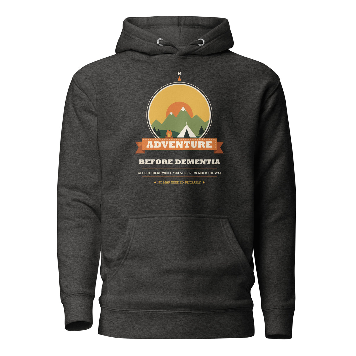 Adventure Before Dementia Camping Hoodie in Charcoal Heather, flat front view with drawstrings and pouch pocket