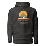 Adventure Before Dementia Camping Hoodie in Charcoal Heather, flat front view with drawstrings and pouch pocket