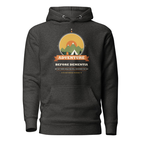 Adventure Before Dementia Camping Hoodie in Charcoal Heather, flat front view with drawstrings and pouch pocket