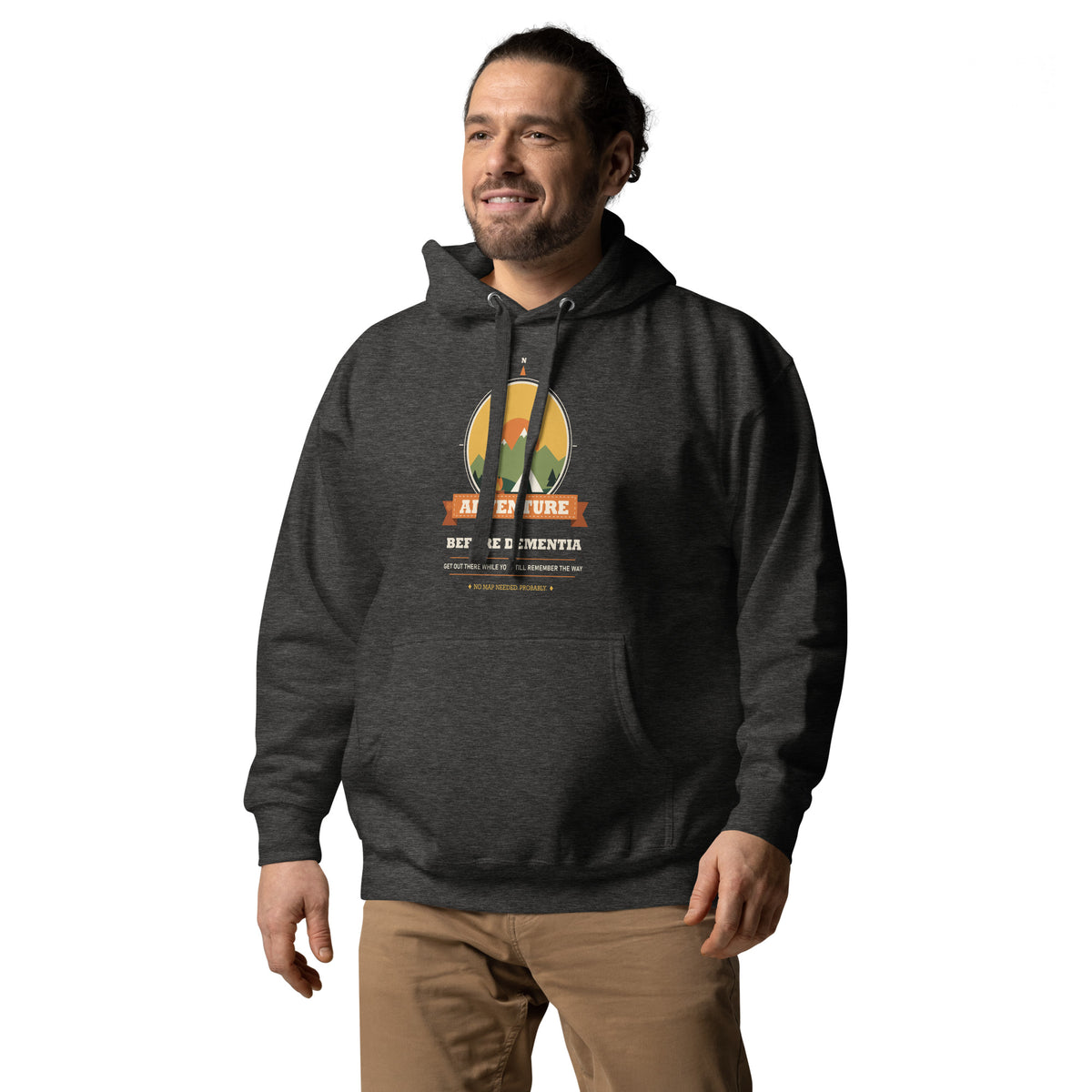Adventure Before Dementia Camping Hoodie in Charcoal Heather, worn by a model, angled front view