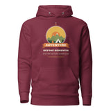 Adventure Before Dementia Camping Hoodie in Maroon, flat front view with drawstrings and pouch pocket