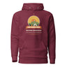 Adventure Before Dementia Camping Hoodie in Maroon, flat front view with drawstrings and pouch pocket