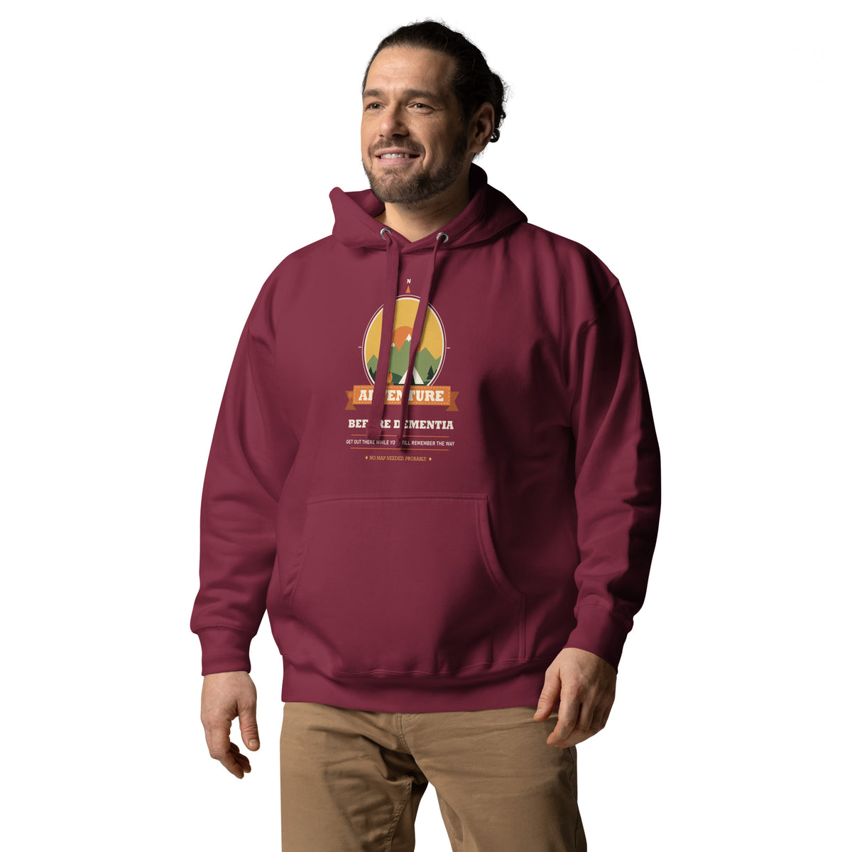 Adventure Before Dementia Camping Hoodie in Maroon, worn by a model, angled front view