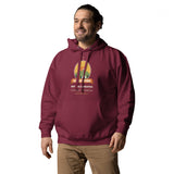 Adventure Before Dementia Camping Hoodie in Maroon, worn by a model, angled front view