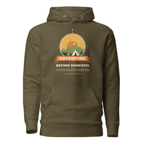 Adventure Before Dementia Camping Hoodie in Military Green, flat front view with drawstrings and pouch pocket