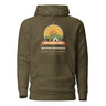 Adventure Before Dementia Camping Hoodie in Military Green, flat front view with drawstrings and pouch pocket