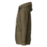 Sloth Hiking Club: Hilltop Hoodie in Military Green, left side view with the hood up