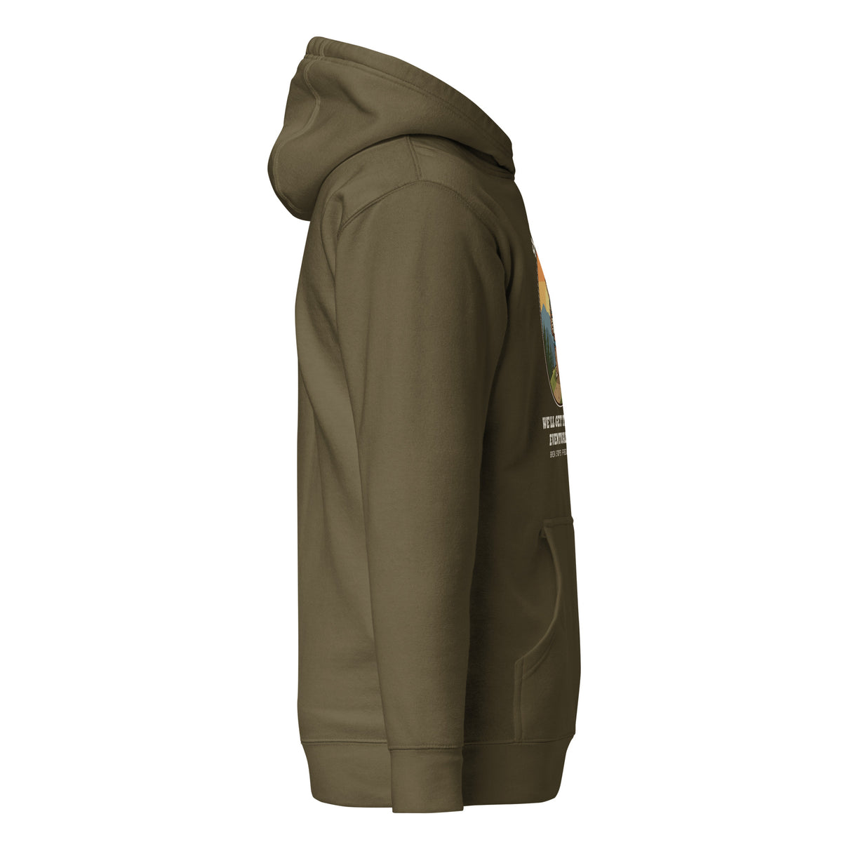 Sloth Hiking Club: Hilltop Hoodie in Military Green, right side view with the hood up
