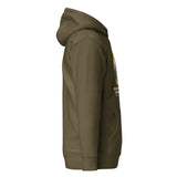 Sloth Hiking Club: Hilltop Hoodie in Military Green, right side view with the hood up