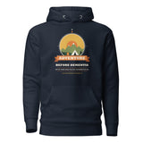 Adventure Before Dementia Camping Hoodie in Navy Blazer, flat front view with drawstrings and pouch pocket