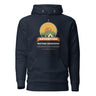 Adventure Before Dementia Camping Hoodie in Navy Blazer, flat front view with drawstrings and pouch pocket