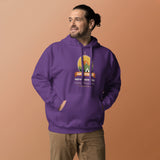 Adventure Before Dementia Camping Hoodie in Purple, worn by a model against an orange background