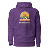 Adventure Before Dementia Camping Hoodie in Purple, flat front view with drawstrings and pouch pocket