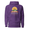 Adventure Before Dementia Camping Hoodie in Purple, flat front view with drawstrings and pouch pocket