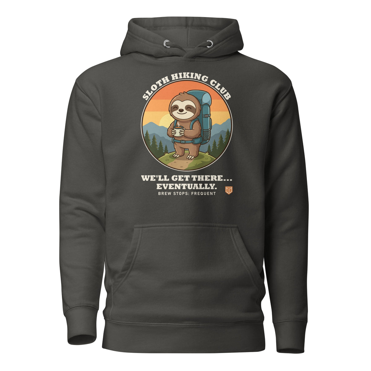 Sloth Hiking Club: Hilltop Hoodie in Vintage Black, full front view