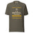 Task "In My Defence, I Was Left Unsupervised" T-shirt in Army, front view with distressed stencil slogan and hazard stripes