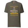 Task "In My Defence, I Was Left Unsupervised" T-shirt in Army, front view with distressed stencil slogan and hazard stripes