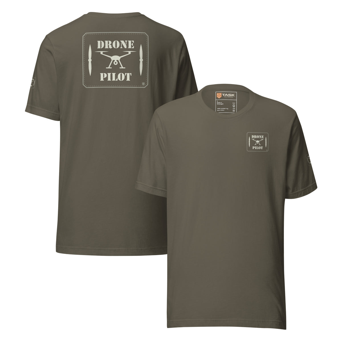 Drone Pilot T-shirt in Army, back and front, with the off-white stencil patch print on the back and left chest