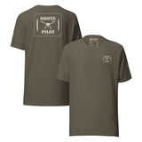 Drone Pilot T-shirt in Army, back and front, with the off-white stencil patch print on the back and left chest