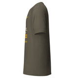Task "In My Defence, I Was Left Unsupervised" T-shirt in Army, side view showing sleeve and edge of front print