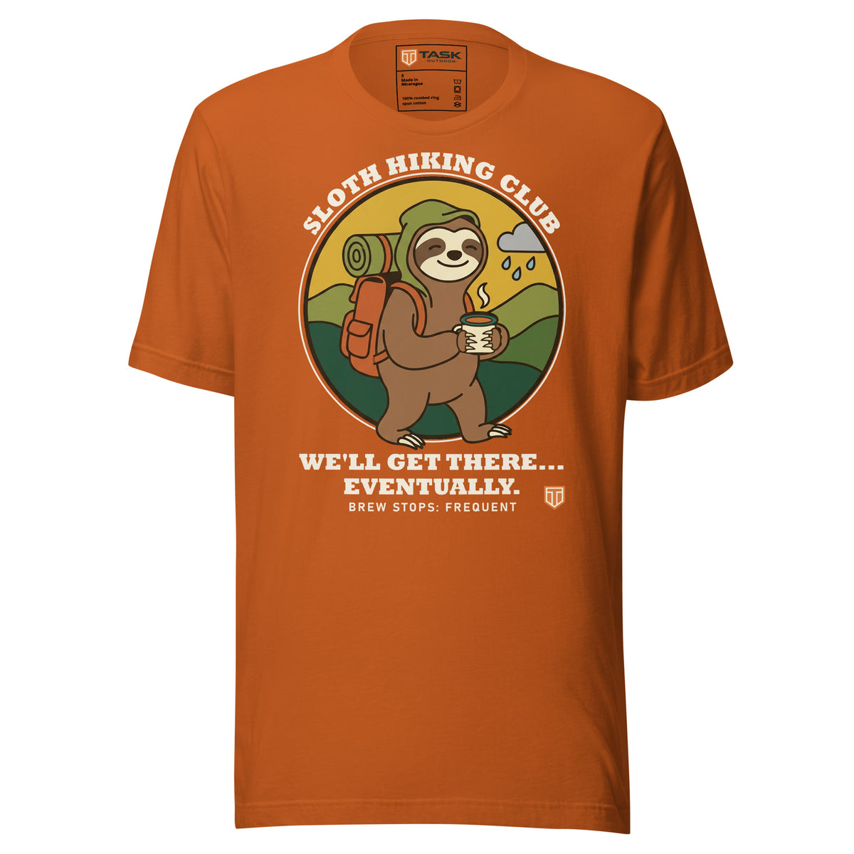 Sloth Hiking Club: Walking T-Shirt in Autumn, full front view with the printed neck label