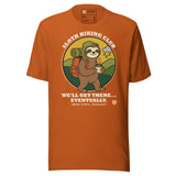 Sloth Hiking Club: Walking T-Shirt in Autumn, full front view with the printed neck label