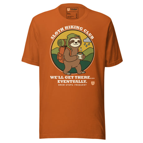 Sloth Hiking Club: Walking T-Shirt in Autumn, full front view with the printed neck label