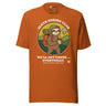 Sloth Hiking Club: Walking T-Shirt in Autumn, full front view with the printed neck label